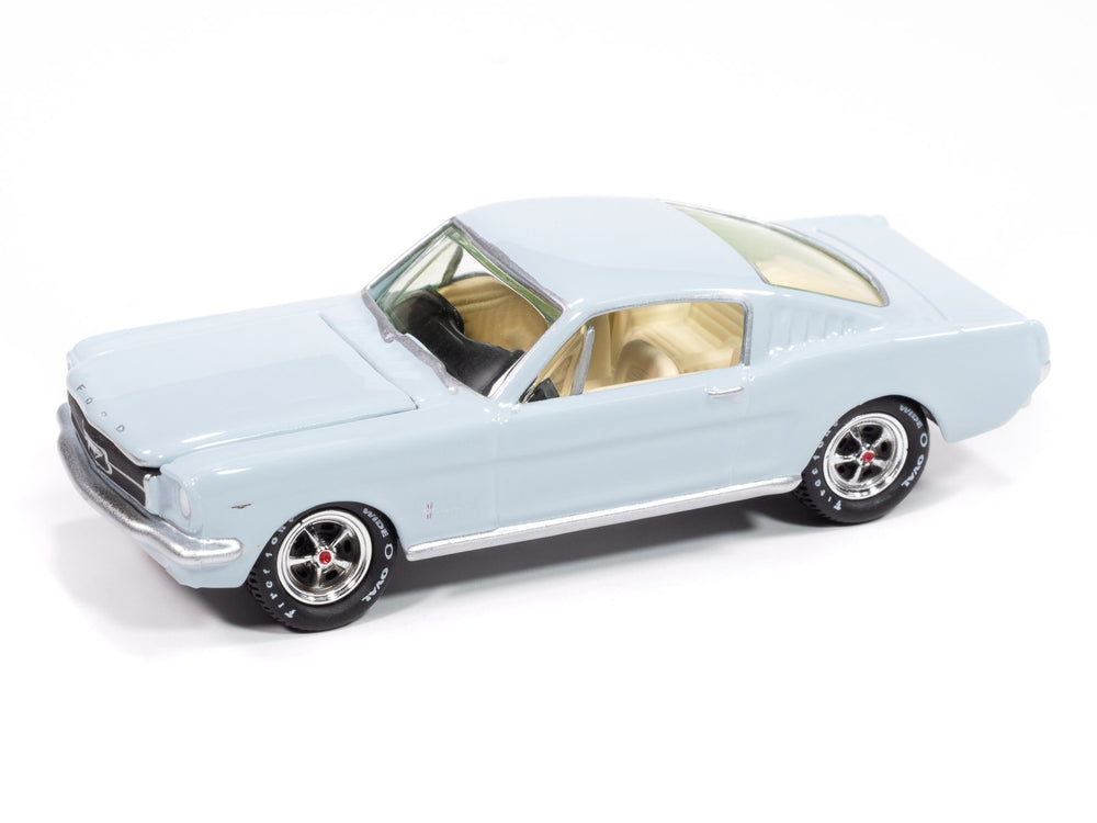 Johnny Lightning 1965 Ford Mustang Fastback (Arcadian Blue) with Collector Tin 1:64 Diecast
