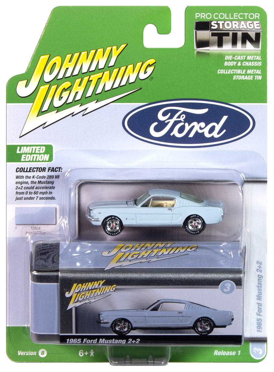 Johnny Lightning 1965 Ford Mustang Fastback (Arcadian Blue) with Collector Tin 1:64 Diecast