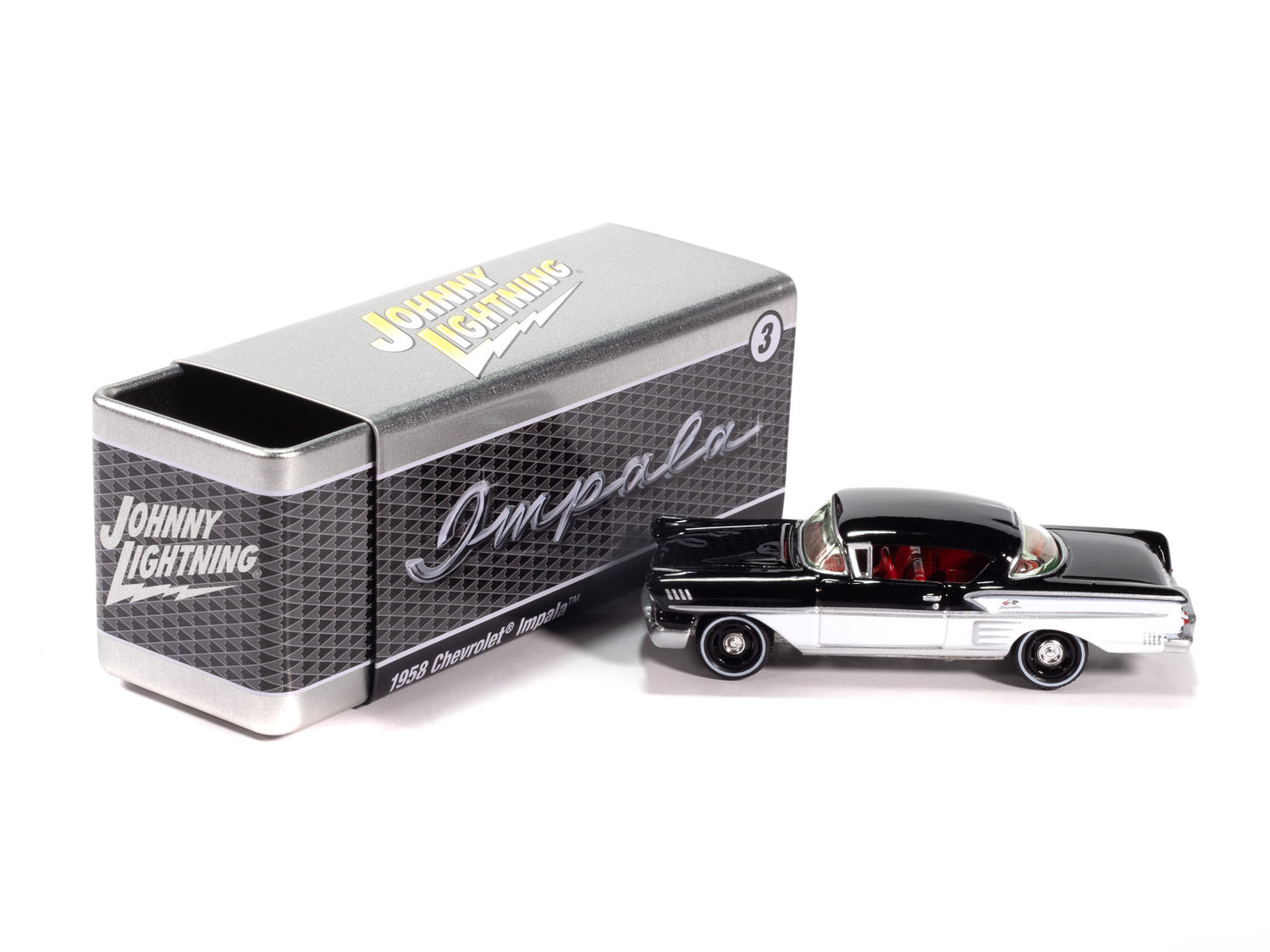 "PRE-ORDER" Johnny Lightning 1958 Chevy Impala (Onyx Black w/ White Sides) with Collector Tin 1:64 Diecast (DUE OCTOBER 2025)