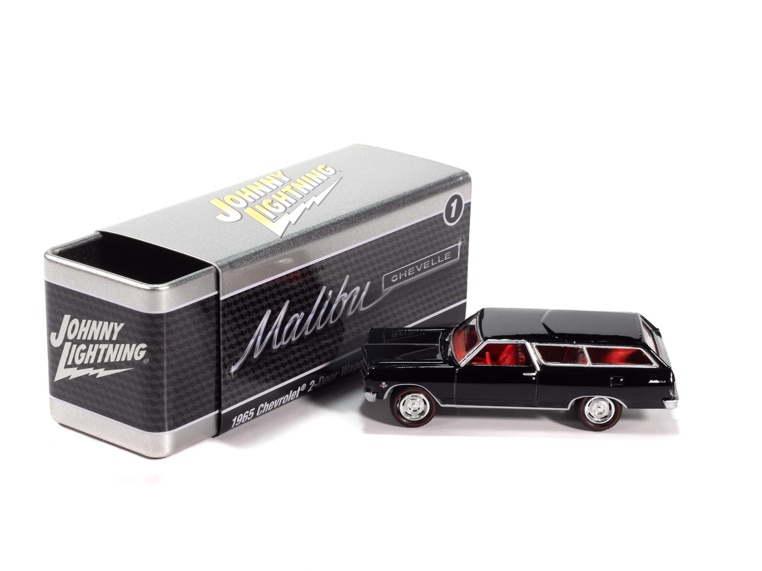 "PRE-ORDER" Johnny Lightning 1965 Chevy 2-Door Wagon (Black) with Collector Tin 1:64 Diecast (DUE OCTOBER 2025)