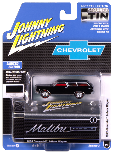 "PRE-ORDER" Johnny Lightning 1965 Chevy 2-Door Wagon (Black) with Collector Tin 1:64 Diecast (DUE OCTOBER 2025)