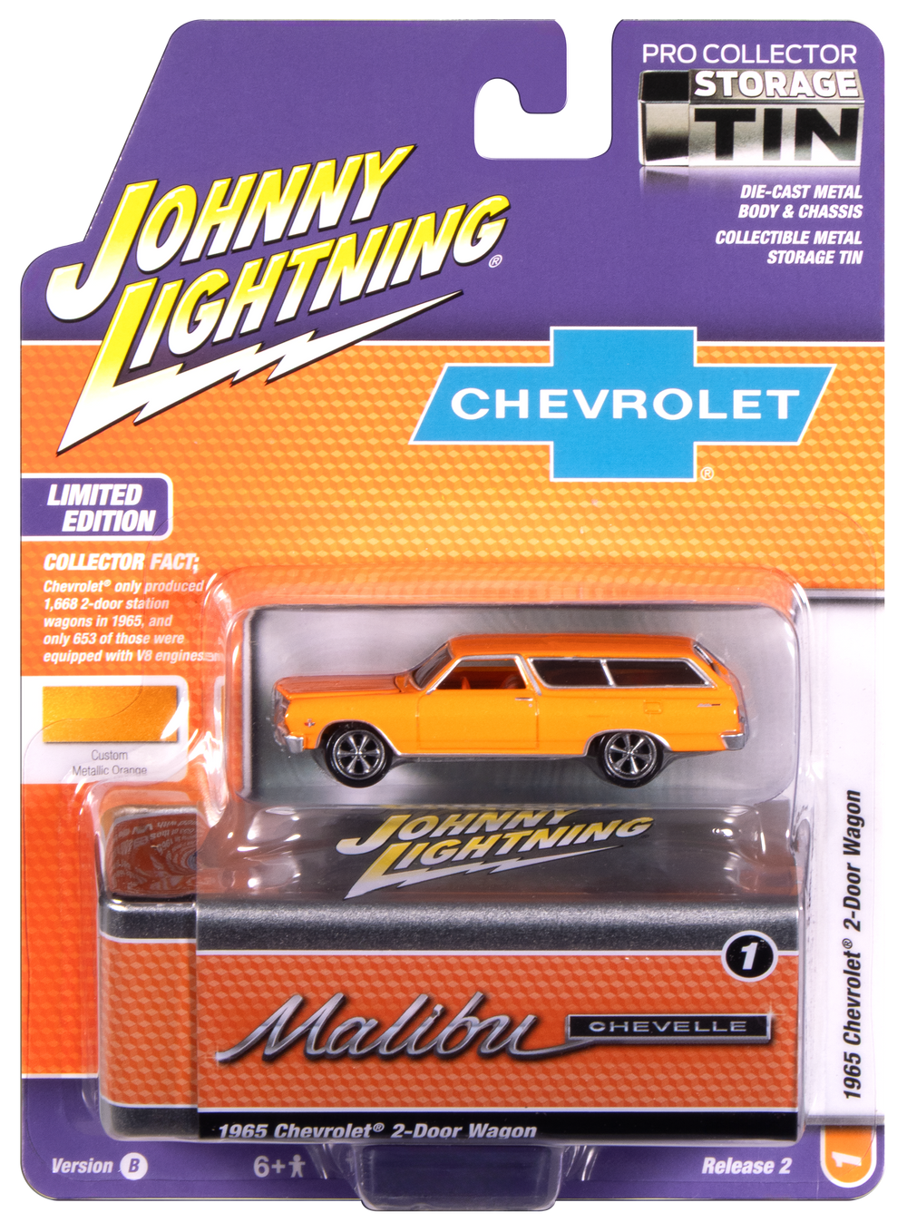 "PRE-ORDER" Johnny Lightning 1965 Chevy 2-Door Wagon (Sunset Metallic) with Collector Tin 1:64 Diecast (DUE OCTOBER 2025)