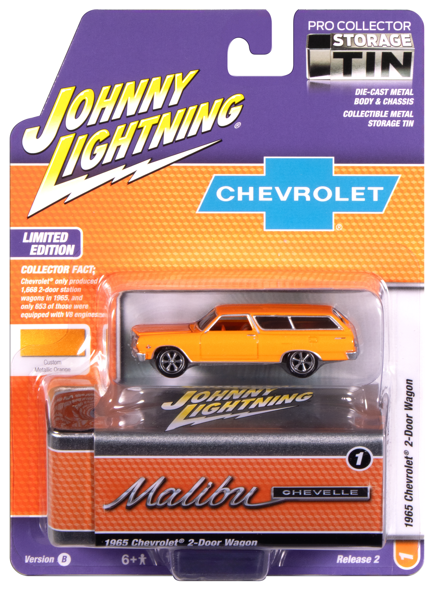 "PRE-ORDER" Johnny Lightning 1965 Chevy 2-Door Wagon (Sunset Metallic) with Collector Tin 1:64 Diecast (DUE OCTOBER 2025)