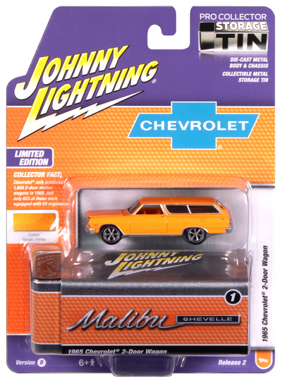 "PRE-ORDER" Johnny Lightning 1965 Chevy 2-Door Wagon (Sunset Metallic) with Collector Tin 1:64 Diecast (DUE OCTOBER 2025)