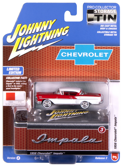 "PRE-ORDER" Johnny Lightning 1958 Chevy Impala (Rio Red w/ White Sides) with Collector Tin 1:64 Diecast (DUE OCTOBER 2025)