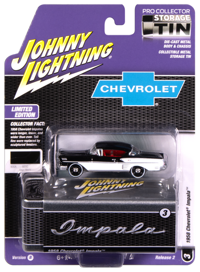"PRE-ORDER" Johnny Lightning 1958 Chevy Impala (Onyx Black w/ White Sides) with Collector Tin 1:64 Diecast (DUE OCTOBER 2025)