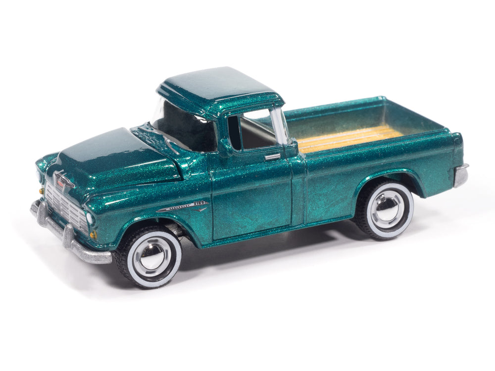 "PRE-ORDER" Johnny Lightning 1955 Chevy Cameo Pickup (Teal Pale Gold) with Collector Tin 1:64 Diecast (DUE JANUARY 2026)