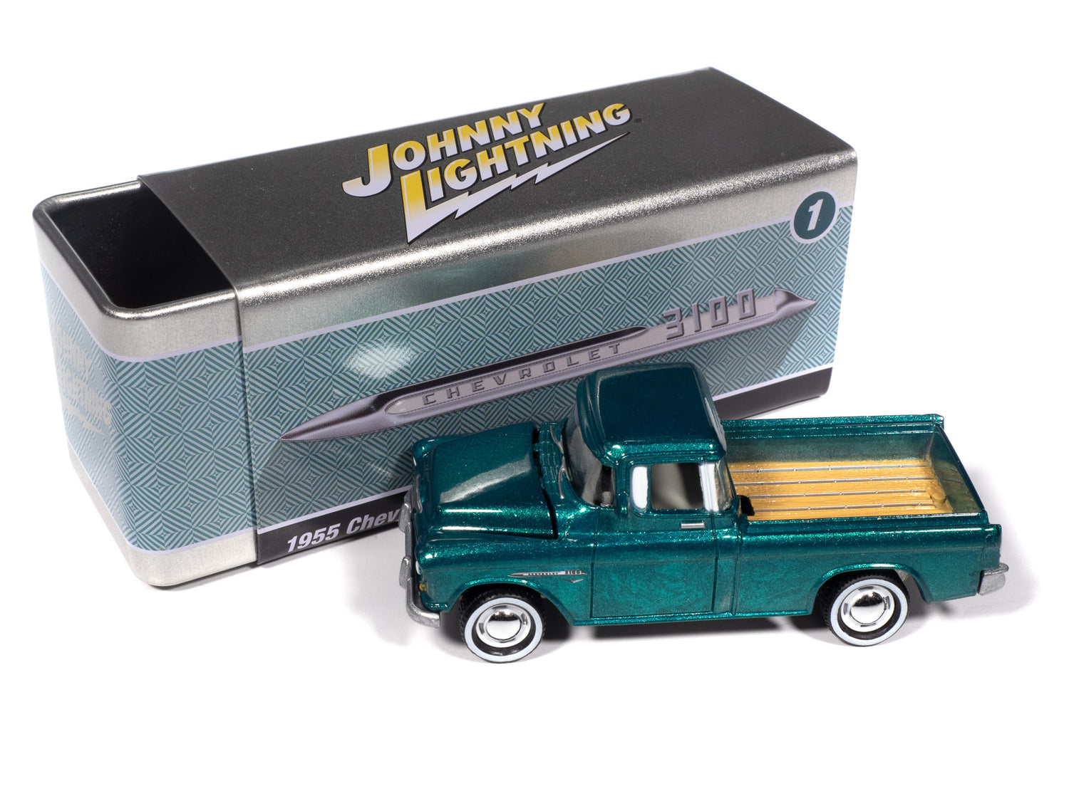 "PRE-ORDER" Johnny Lightning 1955 Chevy Cameo Pickup (Teal Pale Gold) with Collector Tin 1:64 Diecast (DUE JANUARY 2026)