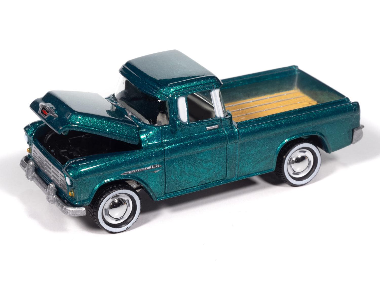 "PRE-ORDER" Johnny Lightning 1955 Chevy Cameo Pickup (Teal Pale Gold) with Collector Tin 1:64 Diecast (DUE JANUARY 2026)