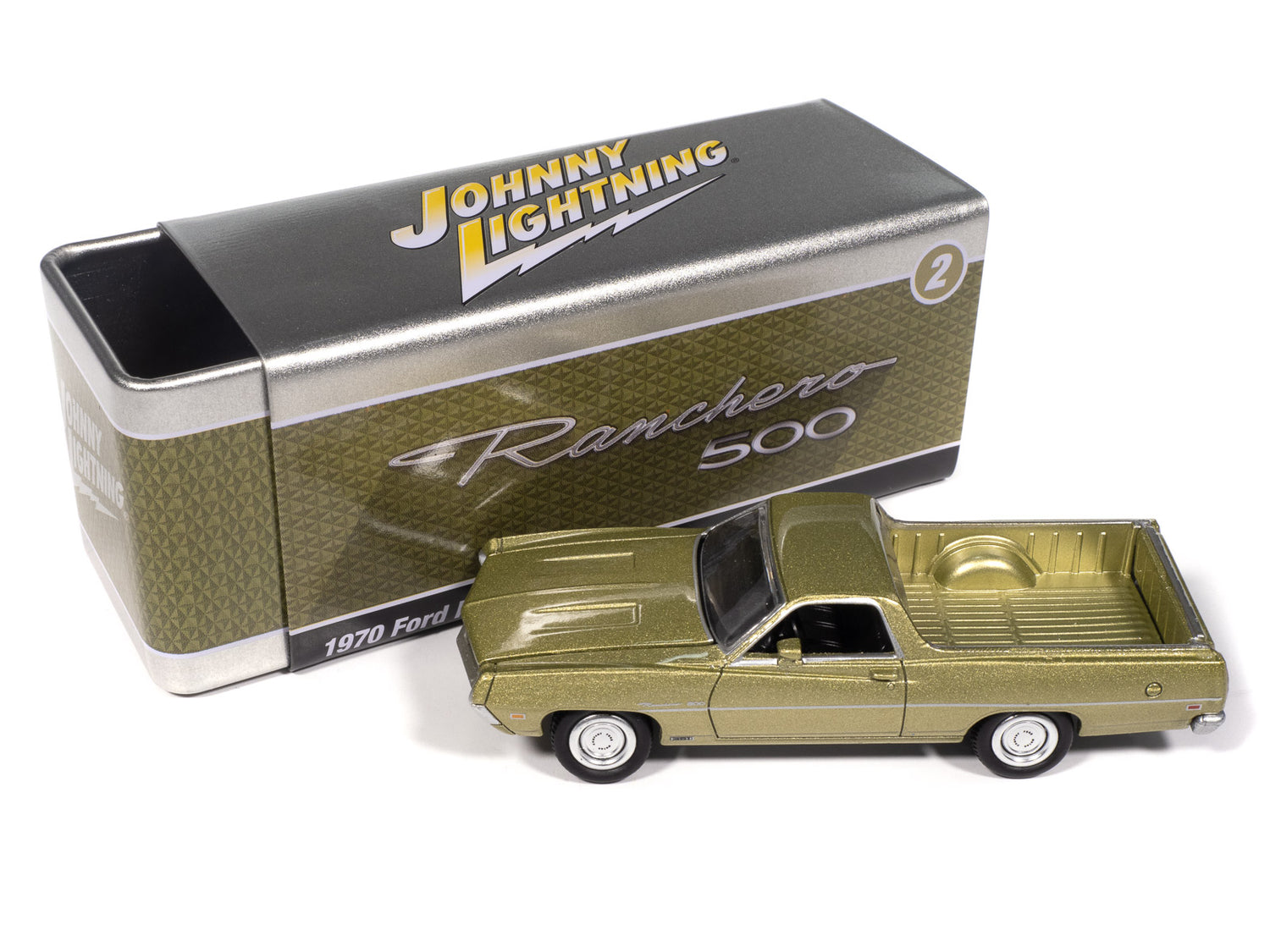 "PRE-ORDER" Johnny Lightning 1970 Ford Ranchero 500 (Medium Lime Poly) with Collector Tin 1:64 Diecast (DUE JANUARY 2026)