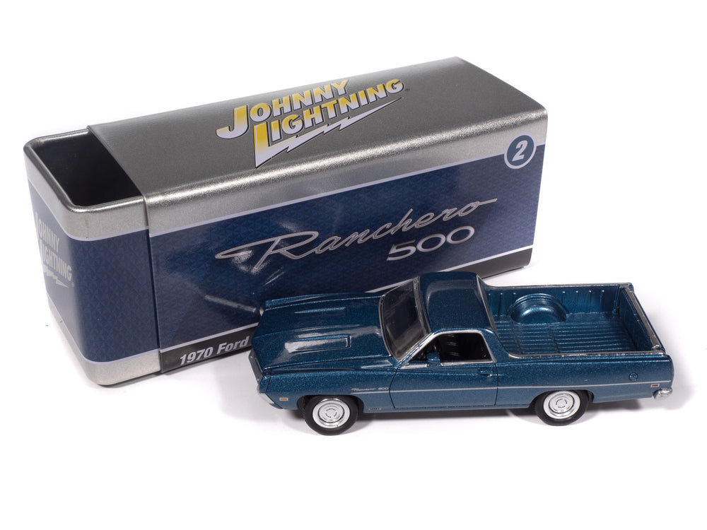 Johnny Lightning 1970 Ford Ranchero 500 (Acapulco Blue) with Collector Tin 1:64 Diecast - Auto World Store
