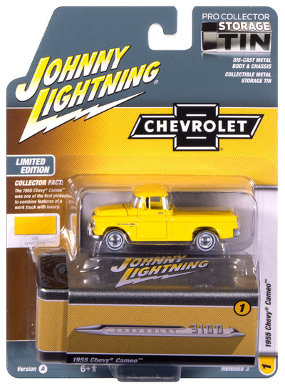 "PRE-ORDER" Johnny Lightning 1955 Chevy Cameo Pickup (Lemon Yellow) with Collector Tin 1:64 Diecast (DUE JANUARY 2026)
