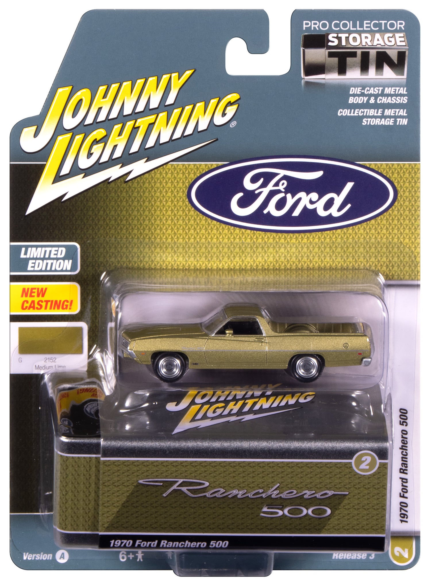 "PRE-ORDER" Johnny Lightning 1970 Ford Ranchero 500 (Medium Lime Poly) with Collector Tin 1:64 Diecast (DUE JANUARY 2026)