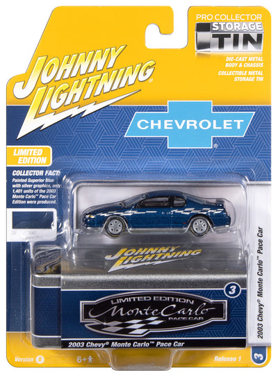Johnny Lightning 2003 Chevy Monte Carlo Pace Edition (Superior Blue w/Silver Graphics) with Collector Tin 1:64 Diecast