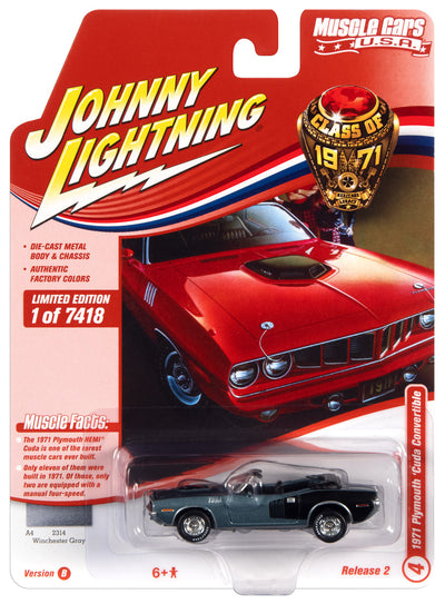 Johnny Lightning Muscle Car 1971 Plymouth 'Cuda Convertible (Winchester Gray w/Black Hemi Side Billboards) 1:64 Scale Diecast