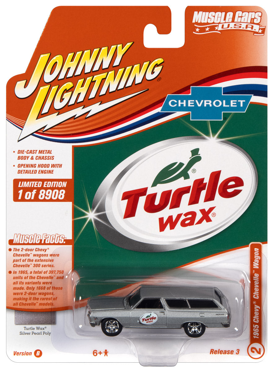 Johnny Lightning Muscle Cars 1965 Turtle Wax Chevrolet Chevelle Wagon (Silver w/Turtle Wax Graphics) 1:64 Scale Diecast