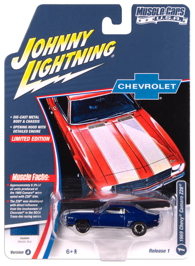 "PRE-ORDER" Johnny Lightning Muscle Cars 1969 Chevy Camaro Z28 (Metallic Blue w/White Stripes) 1:64 Scale Diecast (DUE NOVEMBER 2025)