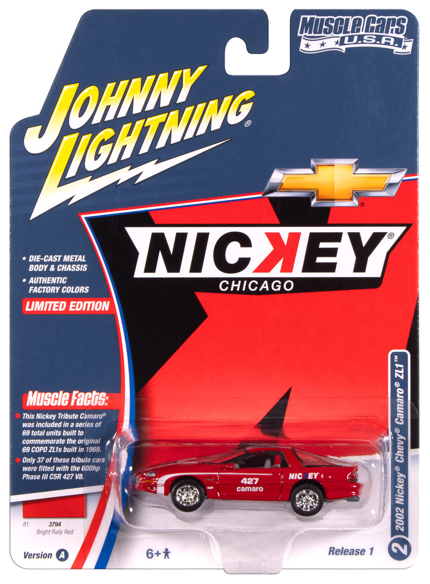 Johnny Lightning Muscle Cars Nickey 2002 Chevy Camaro ZL1 (Red w/White Stripes & Nicky Logos) 1:64 Scale Diecast
