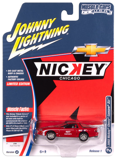 "PRE-ORDER" Johnny Lightning Muscle Cars Nickey 2002 Chevy Camaro ZL1 (Red w/White Stripes & Nicky Logos) 1:64 Scale Diecast (DUE NOVEMBER 2025)