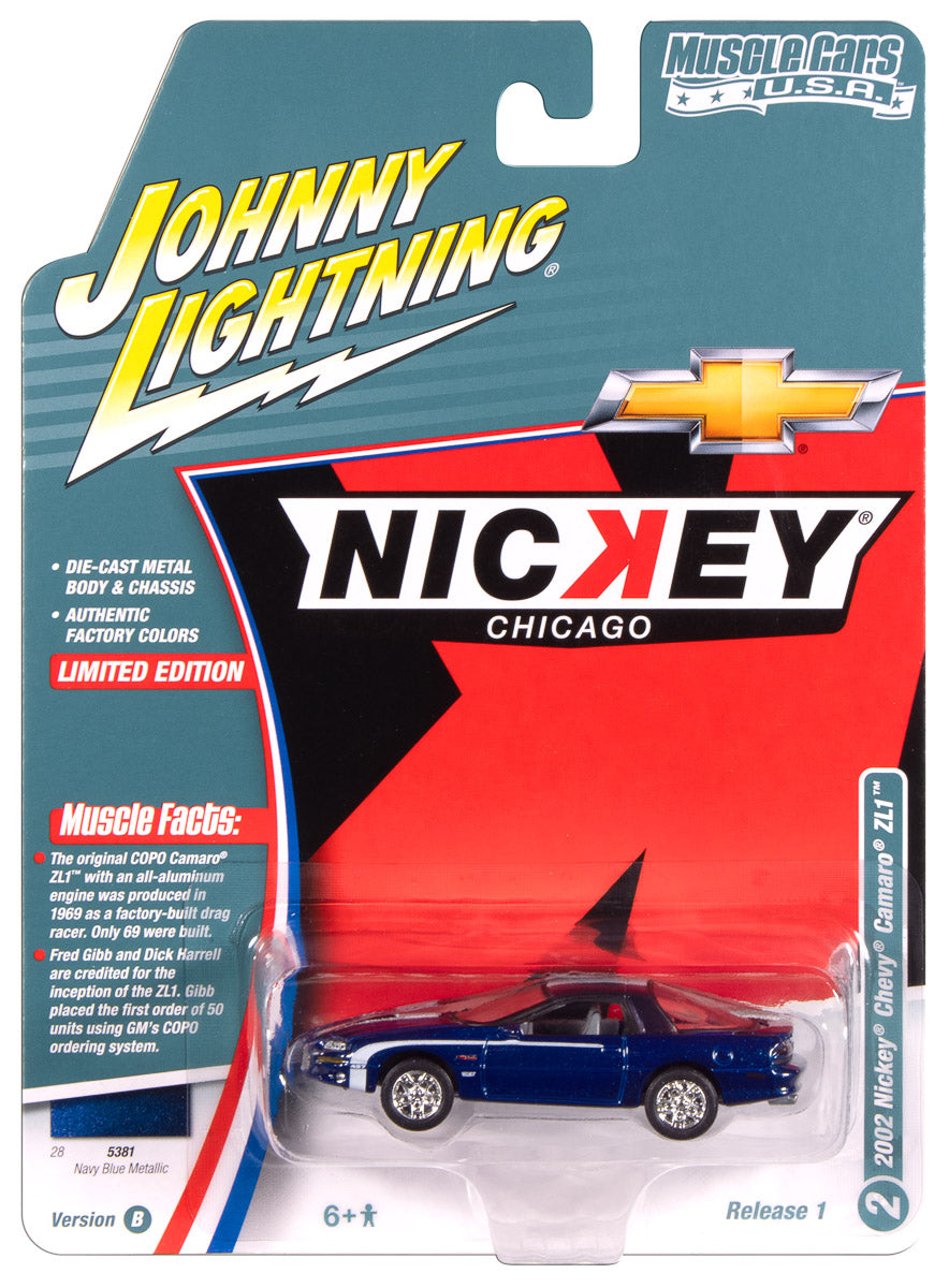 Johnny Lightning Muscle Cars Nickey 2002 Chevy Camaro ZL1 (Metallic Blue with White Stripes) 1:64 Scale Diecast