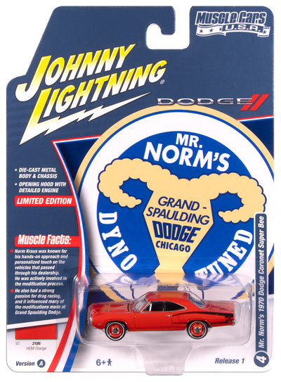 "PRE-ORDER" Johnny Lightning Muscle Cars Mr. Norm's 1970 Dodge Super Bee (Hemi Orange w/Black Super Bee “C” Stripe) 1:64 Scale Diecast (DUE NOVEMBER 2025)