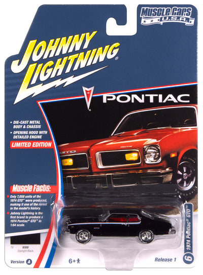 "PRE-ORDER" Johnny Lightning Muscle Cars 1974 Pontiac GTO (Gloss Black w/GTO RWB Stripes) 1:64 Scale Diecast (DUE NOVEMBER 2025)