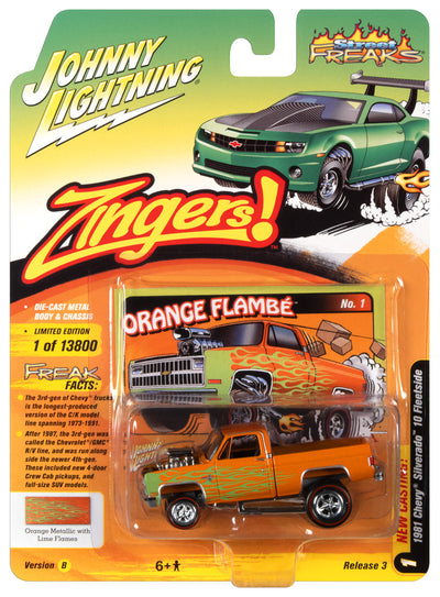Johnny Lightning Street Freaks 1981 Chevrolet Silverado 10 Fleet Side (Zinger) (Orange Metallic with Lime Flames) 1:64 Scale Diecast