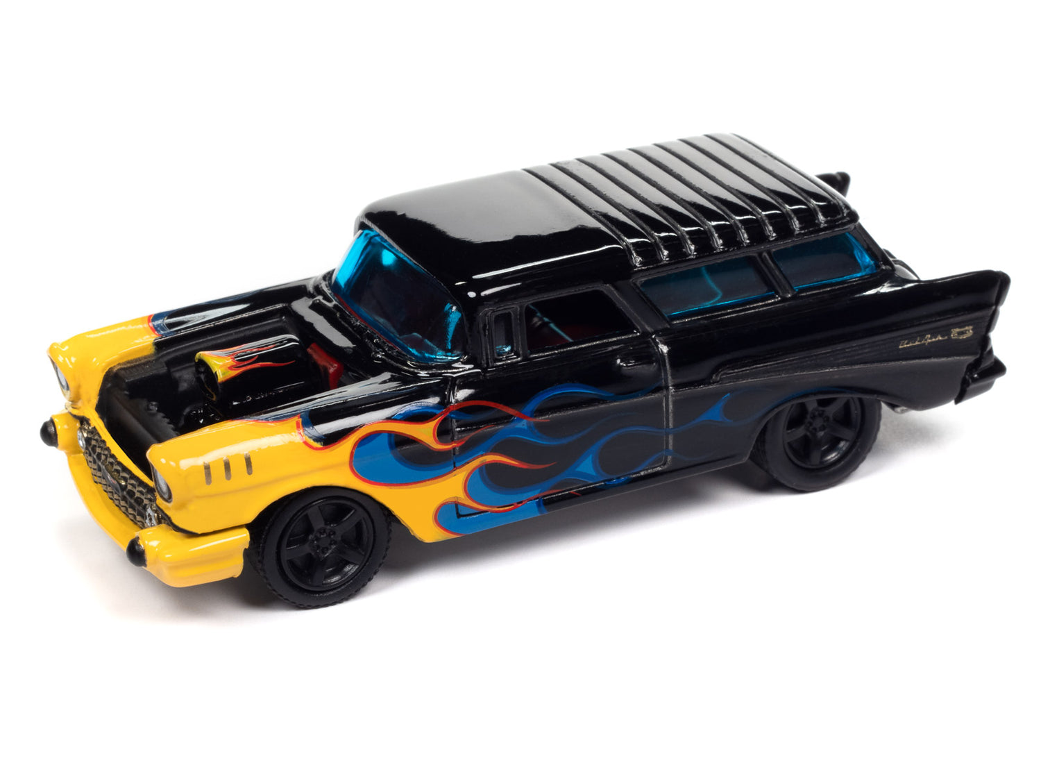 Johnny Lightning Street Freaks 1957 Chevrolet Nomad (Black with Flames) (Gloss Black w/Yellow & Blue Flames) 1:64 Scale Diecast