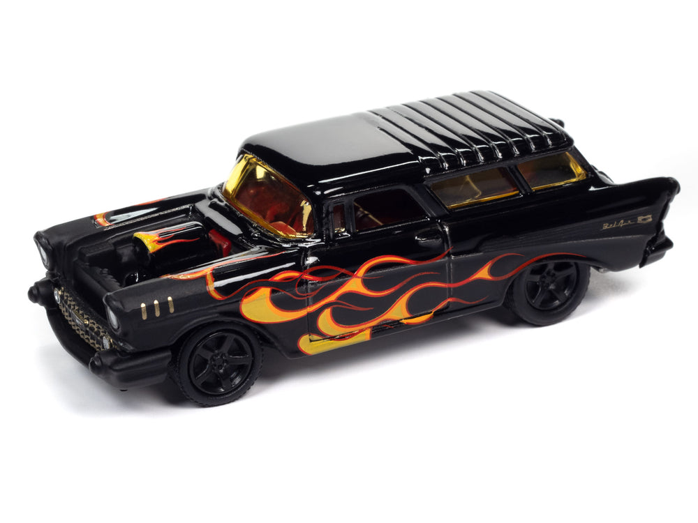 Johnny Lightning Street Freaks 1957 Chevrolet Nomad (Black with Flames) (Gloss Black w/Flat Black Front & Flames) 1:64 Scale Diecast