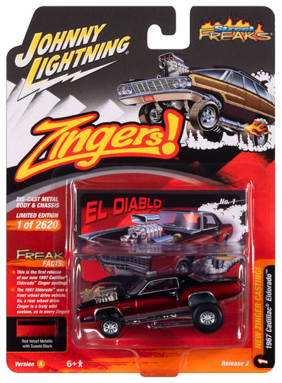 Johnny Lightning Street Freaks 1967 Cadillac Eldorado (Zingers) (Gloss Black Upper Body w/Dark Red) 1:64 Scale Diecast