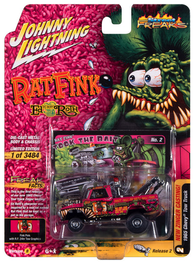 Johnny Lightning Street Freaks 1965 Chevrolet Pickup Tow Truck (Zingers) (Magenta w/Rat Fink Graphics) 1:64 Scale Diecast