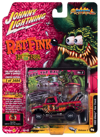 "PRE-ORDER" Johnny Lightning Street Freaks 1965 Chevrolet Pickup Tow Truck (Zingers) (Magenta w/Rat Fink Graphics) 1:64 Scale Diecast (DUE MARCH 2024)