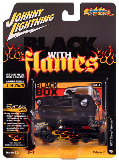 Johnny Lightning Street Freaks 1957 Chevrolet Nomad (Black with Flames) (Gloss Black w/Flat Black Front & Flames) 1:64 Scale Diecast