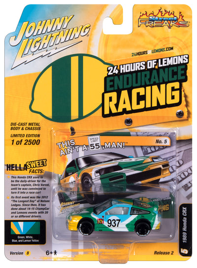 Johnny Lightning Street Freaks 1989 Honda CRX (24hrs of Lemons) (Green, Yellow, White & Blue Body) 1:64 Scale Diecast