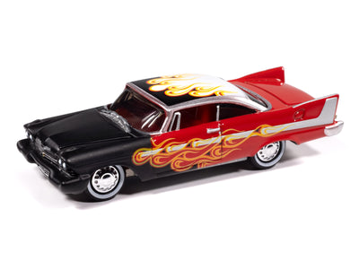 "PRE-ORDER" Johnny Lightning Street Freaks 1958 Plymouth Fury (Kustomized) (Flat Black Transition to Red-Orange-Yellow Flames  Red Back of Car) 1:64 Scale Diecast (DUE LATE OCTOBER 2025)