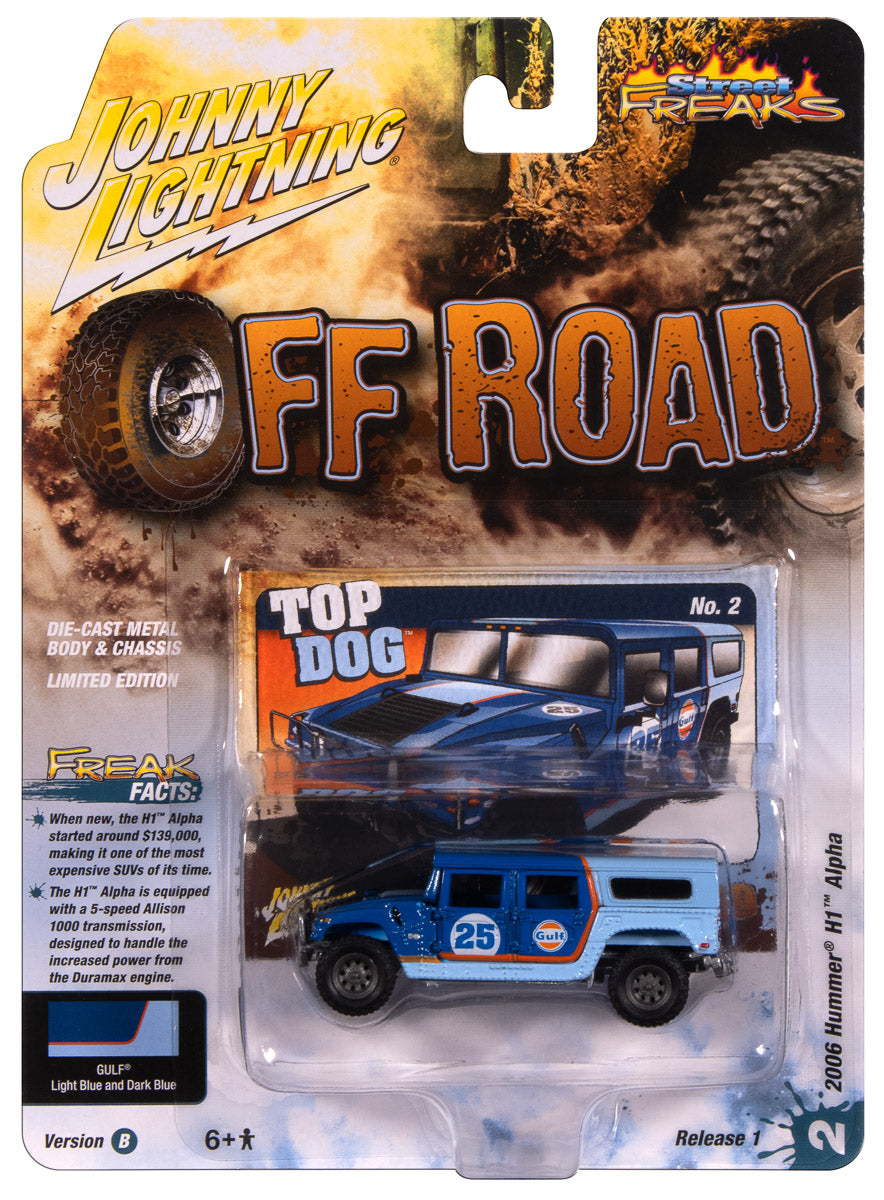 Johnny Lightning Street Freaks 2006 Hummer H1 (Off Road) (Gulf Dark Blue w/Orange Graphics) 1:64 Scale Diecast
