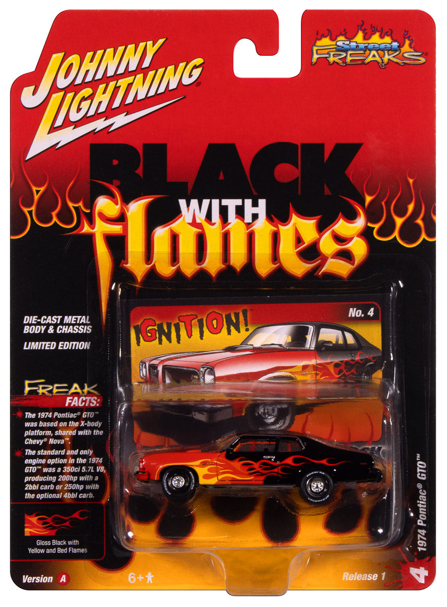 Johnny Lightning Street Freaks 1974 Pontiac GTO (Black w/Flames) (Black/Red, Orange & Yellow) 1:64 Scale Diecast