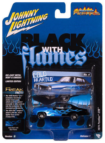 "PRE-ORDER" Johnny Lightning Street Freaks 1974 Pontiac GTO (Black w/Flames) (Black/Shades of Blue) 1:64 Scale Diecast (DUE LATE OCTOBER 2025)