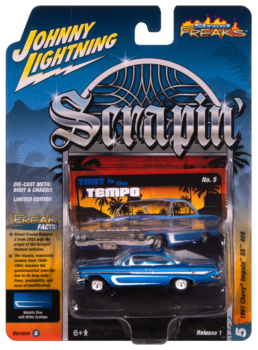 "PRE-ORDER" Johnny Lightning Street Freaks 1961 Chevy Impala SS 409 (Scrapin’) (Metallic Blue w/White) 1:64 Scale Diecast (DUE LATE OCTOBER 2025)