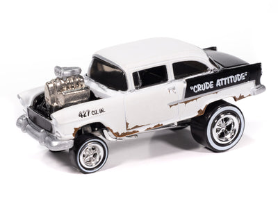 "PRE-ORDER" Johnny Lightning Street Freaks 1955 Chevy Bel Air Gasser Zingers (Flat White w/ Black 2-Tone Sides Rusty Vintage Lettering) 1:64 Scale Diecast (DUE OCTOBER 2025)