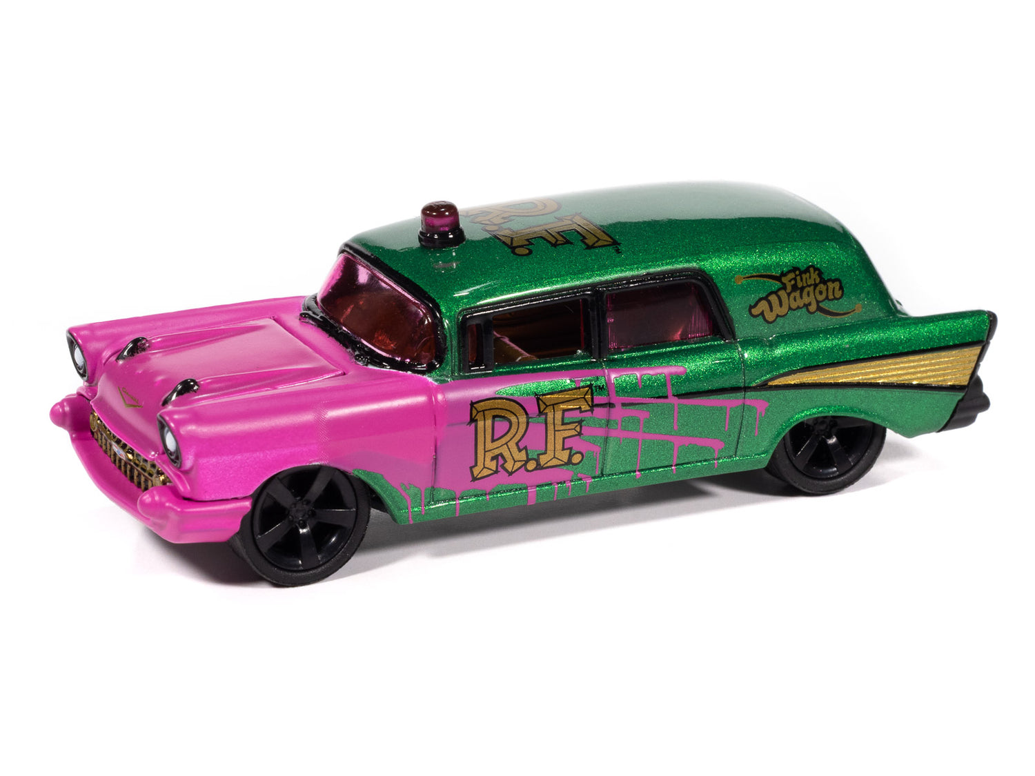 "PRE-ORDER" Johnny Lightning Street Freaks 1957 Chevy Ambulance Rat Fink (Green Metallic & Hot Pink w/ Gold RF Graphics) 1:64 Scale Diecast (DUE OCTOBER 2025)