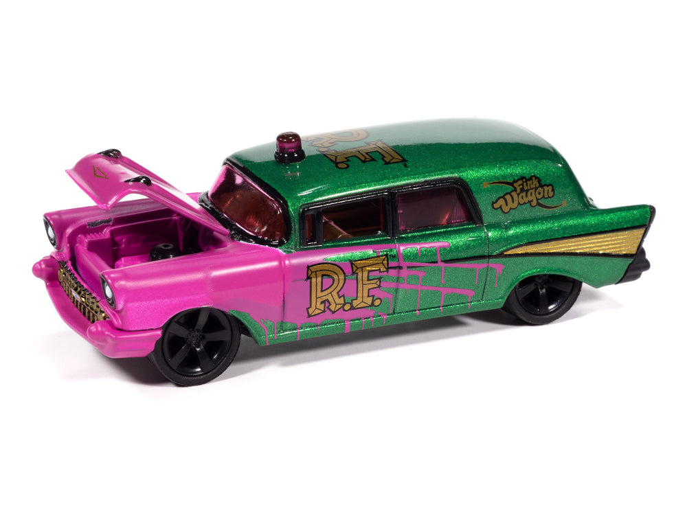"PRE-ORDER" Johnny Lightning Street Freaks 1957 Chevy Ambulance Rat Fink (Green Metallic & Hot Pink w/ Gold RF Graphics) 1:64 Scale Diecast (DUE OCTOBER 2025)
