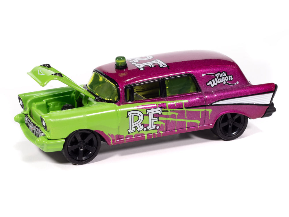 "PRE-ORDER" Johnny Lightning Street Freaks 1957 Chevy Ambulance Rat Fink (Magenta Metallic and Bright Green  w/ Silver RF Graphics) 1:64 Scale Diecast (DUE OCTOBER 2025)