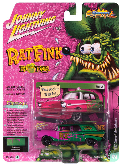 Johnny Lightning Street Freaks 1957 Chevy Ambulance Rat Fink (Green Metallic & Hot Pink w/ Gold RF Graphics) 1:64 Scale Diecast