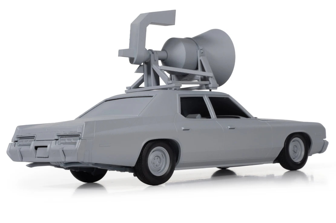 Rear three-quarter view of the Bluesmobile model with roof-mounted speaker