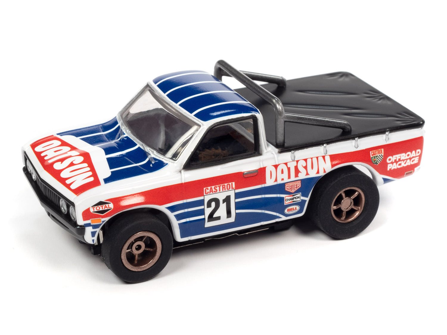 Auto World Xtraction 1975 Datsun 620 Pickup Truck (Red, White, Blue) HO Slot Car