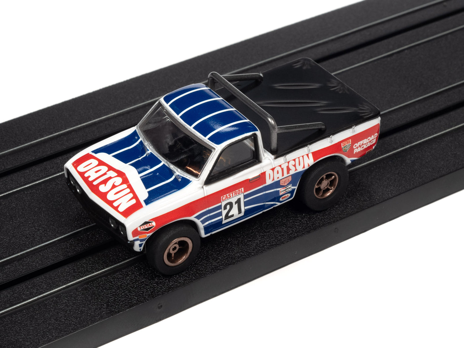 Auto World Xtraction 1975 Datsun 620 Pickup Truck (Red, White, Blue) HO Slot Car