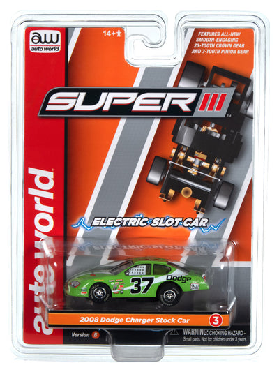 Auto World Super III 2008 Dodge Charger Stock Car (Green) HO Scale Slot Car