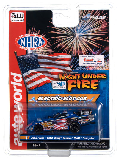 "PRE-ORDER" Auto World 4Gear John Force Night Under Fire 2023 Chevy Camaro Funny Car HO Scale Slot Car (DUE JUNE 2024)