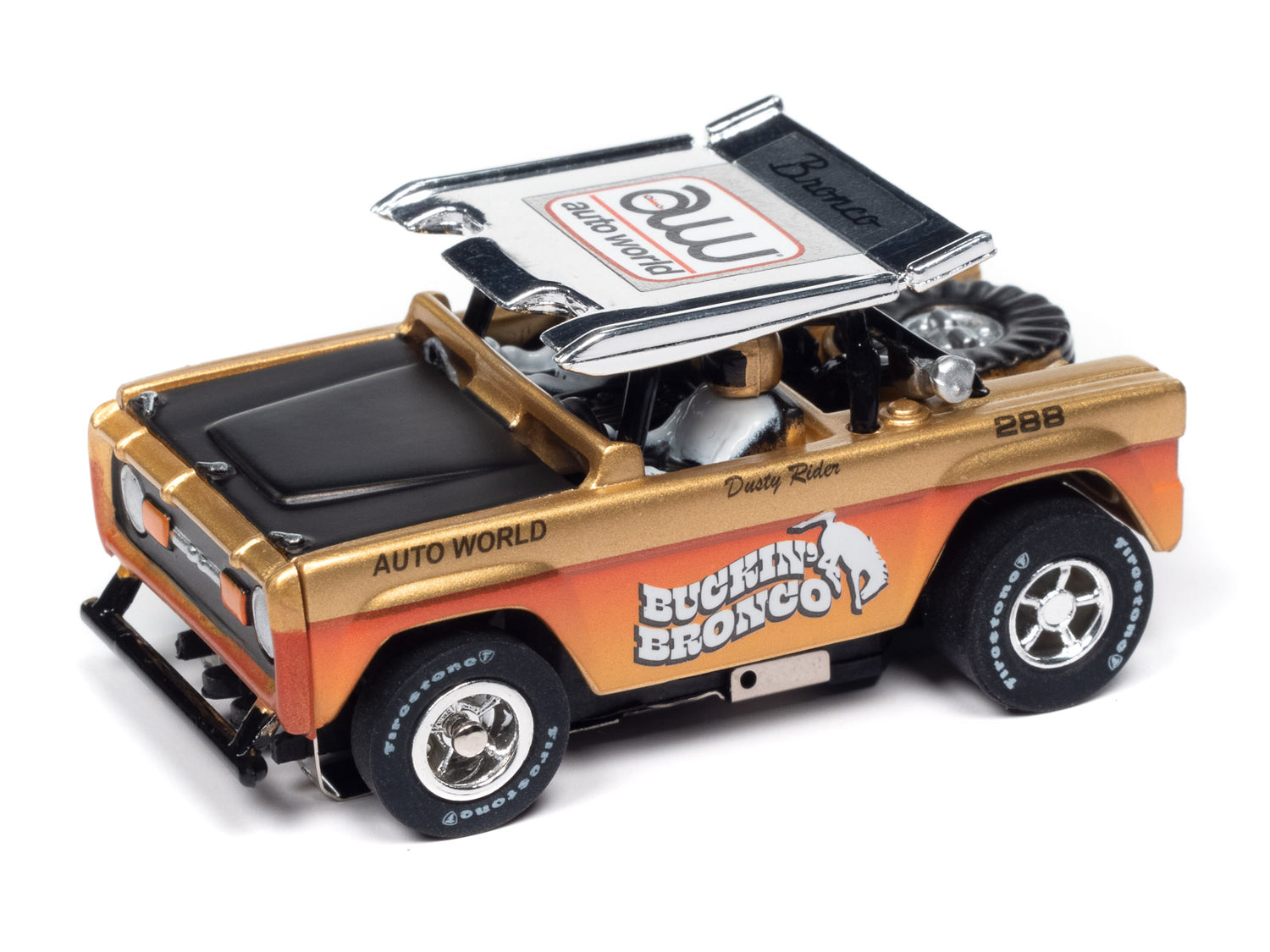 Auto World Xtraction 1972 Ford Baja Bronco - Gold w/ Orange Race Graphics HO Scale Slot Car